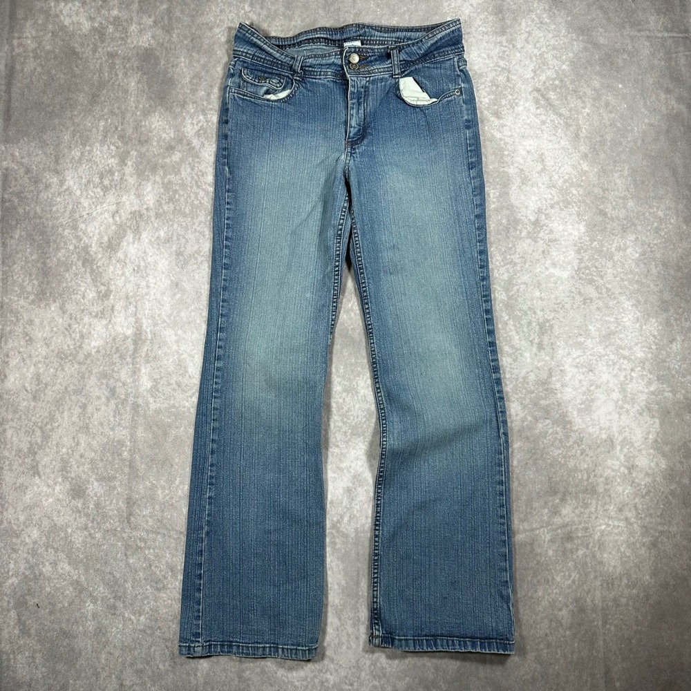 Y2K Ellemenno Juniors 7 Bootcut Flare Jeans Medium Wash Denim Embroidered Pocket